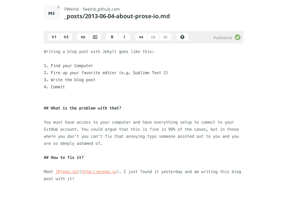 Screenshot of first blog post with Prose.io